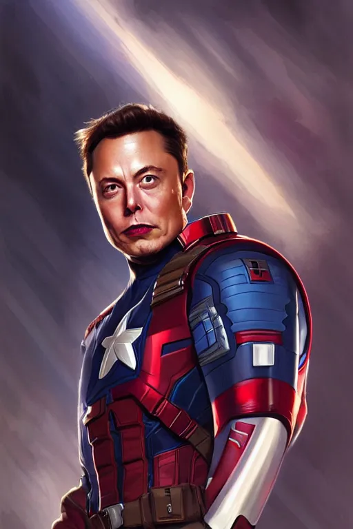 Image similar to elon musk as captain america, marvel character, portrait, highly detailed, digital painting, artstation, concept art, smooth, sharp focus, illustration, cinematic lighting, art by artgerm and greg rutkowski and alphonse mucha