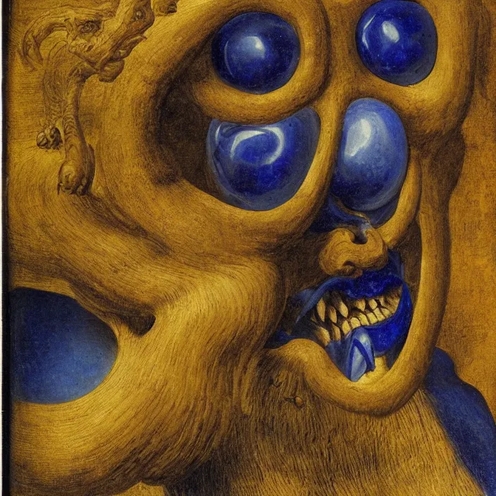 Prompt: close up portrait of a mutant monster creature with giant ear in the middle of the face, lapis - lazuli fangs growing sideways in a spiral shape. by jan van eyck, audubon