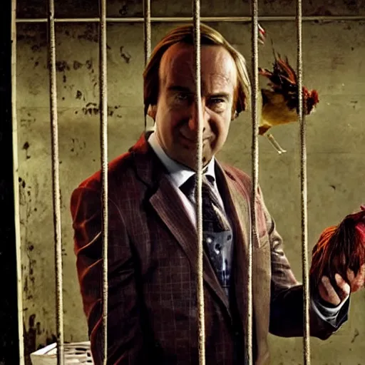 Image similar to saul goodman and a rooster in a saw movie torture chamber, scary torture devices in the background, saul goodman, rooster, photo