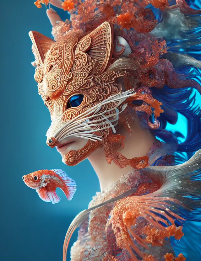 Image similar to 3 d goddess close - up profile portrait. beautiful intricately detailed japanese autumn fox mask and clasical japanese kimono. betta fish, jellyfish phoenix, bio luminescent, plasma, ice, water, wind, creature, artwork by tooth wu and wlop and beeple and greg rutkowski