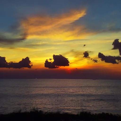 Prompt: beautiful sunset with clouds shaped like chucky doll screaming