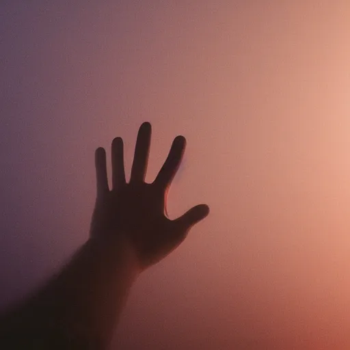 Image similar to a hand reaching out from a thick, dense fog, smokey, foggy, ambient lighting,