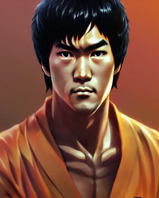 Image similar to anime portrait of Bruce Lee as an anime man by Stanley Artgerm Lau, WLOP, Rossdraws, James Jean, Andrei Riabovitchev, Marc Simonetti, and Sakimichan, trending on artstation