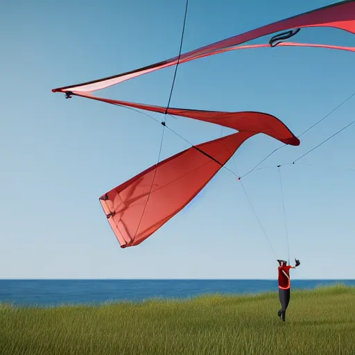 Prompt: mary poppins holding a mattress freeride kite naish pivot s 2 6 kite being blown to the sky by the strong wind. 3 d octane render