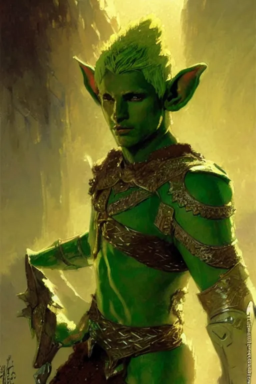 Prompt: brown skinned elf with blonde hair wearing green armor portrait dnd, painting by gaston bussiere, craig mullins, greg rutkowski, yoji shinkawa