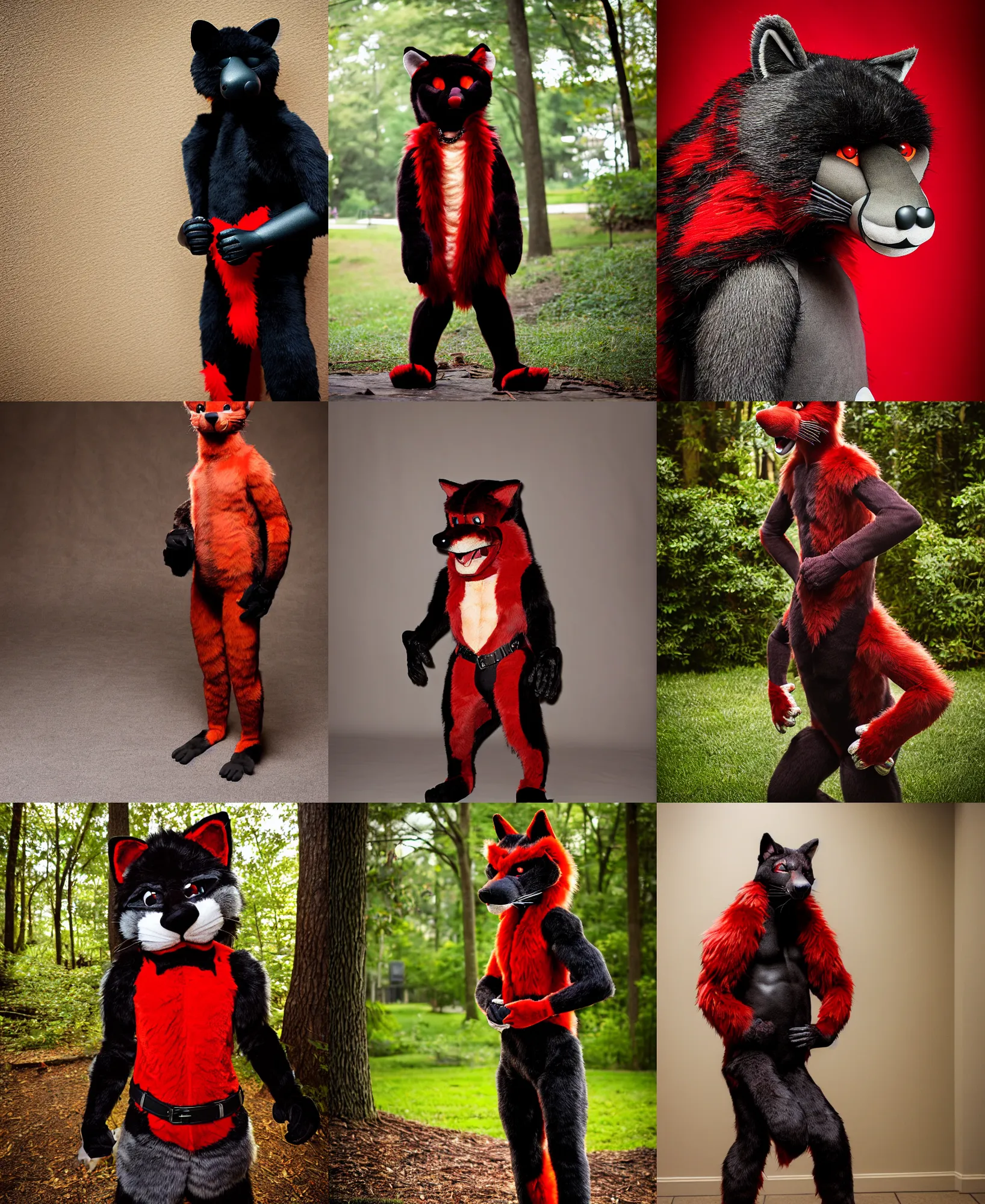 Prompt: fullbody photoshoot photo portrait of a roguish male red - black furred bipedal weasel furry fursona / fursuiter, photorealistic, taken at furry weekend atlanta