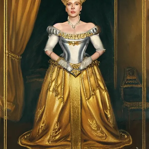 Prompt: Johansson as the Queen of Prussia Regal Royal Throne Epaulettes Crown Gold Painterly Military Uniform Scarlett Johansson as the Queen of Prussia in the style of John Singer Sargent