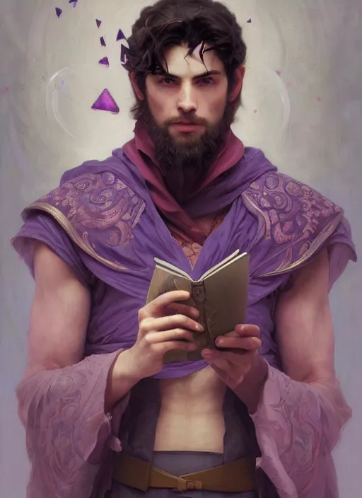 Prompt: character concept portrait of an attractive young smirking Spanish wizard with pink skin conjuring a love spell, a floating iridescent spell book in the center, intricate, elegant, digital painting, concept art, smooth, sharp focus, illustration, from Metal Gear, by Ruan Jia and Mandy Jurgens and William-Adolphe Bouguereau, Artgerm