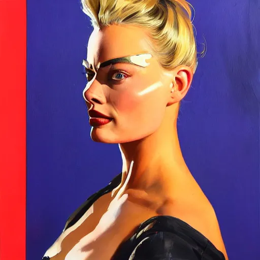 Image similar to greg manchess portrait painting of margot robbie as t - 8 0 0 terminator, medium shot, asymmetrical, profile picture, organic painting, sunny day, matte painting, bold shapes, hard edges, street art, trending on artstation, by huang guangjian and gil elvgren and sachin teng