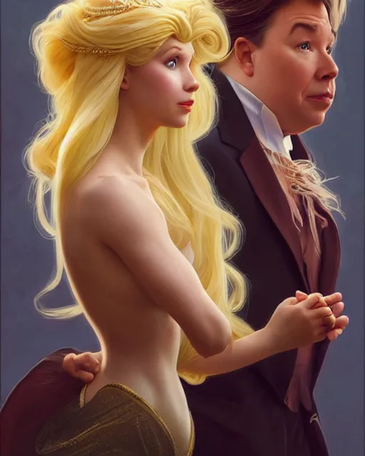 Prompt: Portrait of a  blonde lady and Michael mcintyre as characters in the Little Mermaid,real life skin, intricate, elegant, highly detailed, artstation, concept art, smooth, sharp focus, art by artgerm and greg rutkowski and alphonse mucha