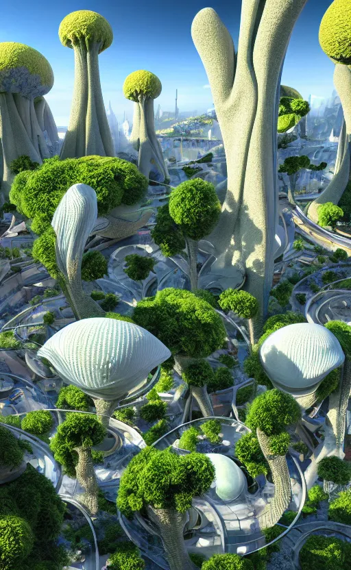 Prompt: beautiful 3 d scifi futuristic biophilic city architectural colorful landscape, arches, cellular bridges, stone columns, rhizomorph finials spires, brackets, fractal puffballs, vincent callebaut, iris van herpin, elegant lace haute couture broad embroidered cone trees, porcelain magnolia fluid nebula, soldier lichen, soft light, unreal engine, 8 k