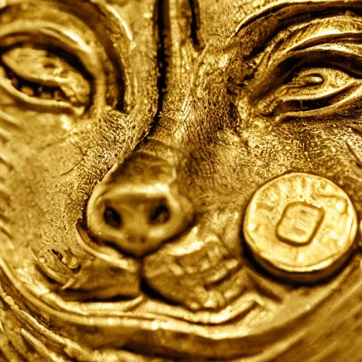Prompt: an ancient roman gold coin with the face of a shiba inu, close up photo, ultra realistic, studio photo, bokeh. intricate details.
