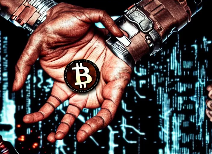 Image similar to terminator's hand holding a bitcoin between two fingers. centered. horror cyberpunk dystopia style. highly detailed 8 k. intricate. nikon d 8 5 0 3 5 mm. award winning photography.