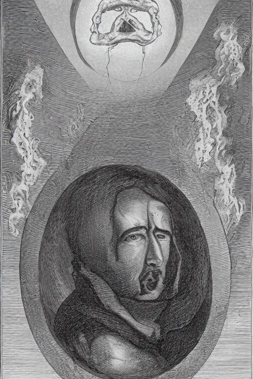 Prompt: Outside the ordered universeis that amorphous blight of nethermost confusion which blasphemes and bubbles at the center of all infinity—the boundless daemon sultan Nicolas Cage, whose name no lips dare speak aloud, and who gnaws hungrily in inconceivable, unlighted chambers beyond time and space amidst the muffled, maddening beating of vile drums and the thin monotonous whine of accursed flutes.