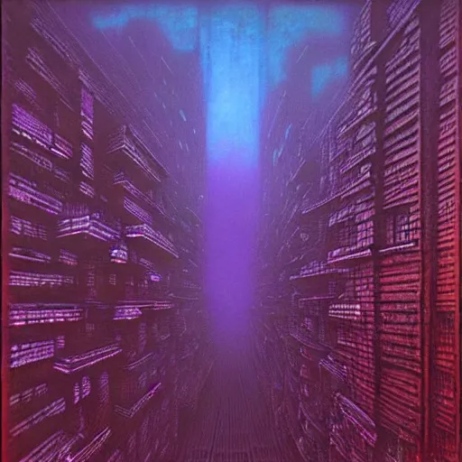 Image similar to purple cyberpunk city, by Beksinski