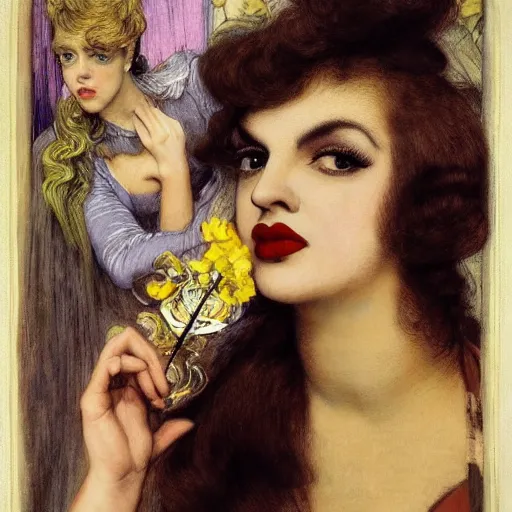 Image similar to hybrid of judy garland and lady gaga, brown fringe, large beautiful facial features, huge downslanted eyes, big cheeks, large full lips, full body medium shot, reclining bed cool stylish, yellow ochre ornate medieval dress, john william waterhouse, kilian eng, rosetti, john everett millais, william holman hunt, william morris, 4 k