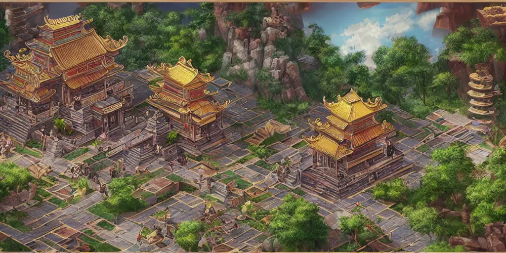 Image similar to vietnamese temple scene, 2 d game art background, sharp, detailed, intricate, game level design, cinematic lighting, trending on artstation, in style of vinodh sivaraja and lam manh, not isometric, not overhead, no people