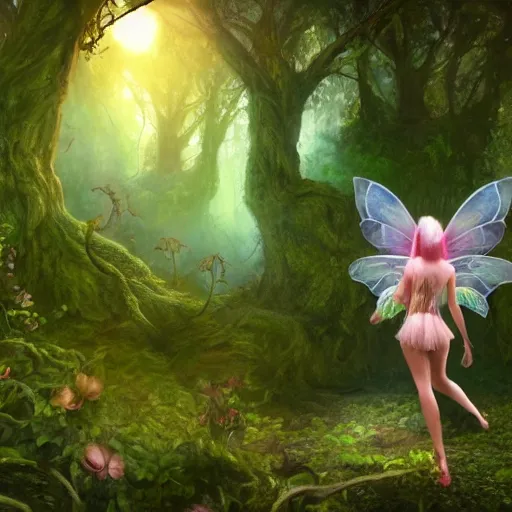 Image similar to a doomed fairy walking towards a ravenous, horrific portal to hades embedded in a creepy tree in a densely overgrown, magical jungle, fantasy, dreamlike sunraise, stopped in time, dreamlike light incidence, ultra realistic