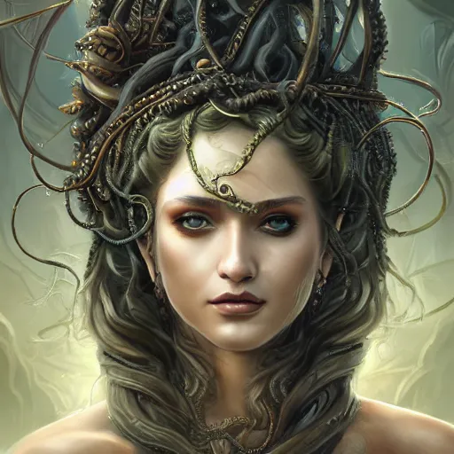 Image similar to an epic portrait of medusa, goddess, beautiful, detailed beautiful face, epic fantasy art, award winning on artstation, trending on deviantart, mystical atmosphere, mythology, high definiton, high detail, high quality, ultra realistic, hyper realistic, 4 k uhd,