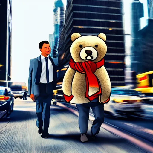 Image similar to digital art of a businessman riding a bear in the city