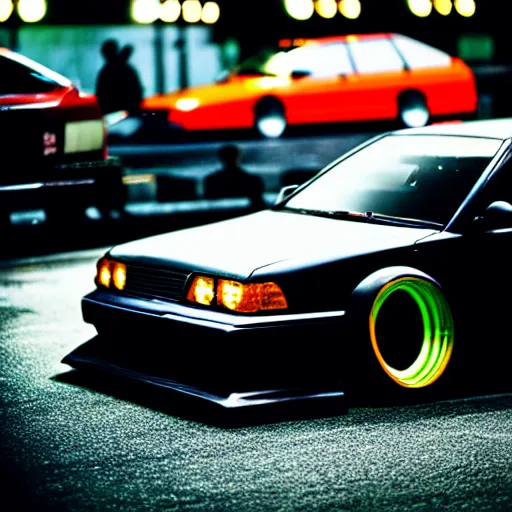 Image similar to a car JZX100 turbo drift at illegal car meet, shibuya prefecture, midnight mist streetlights, color grade, photorealistic, highly detailed wheels, highly detailed