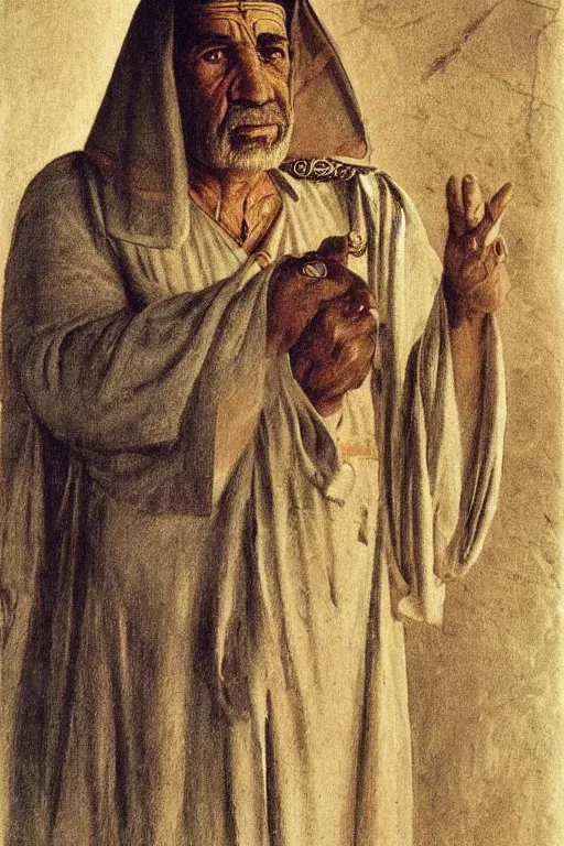 Image similar to a closer personal portrait of a a very old egyptian temple mage with very piercing eyes, very charismatic. in ancient egypt. masterpiece, ciaroscuro. painted by carl larsson