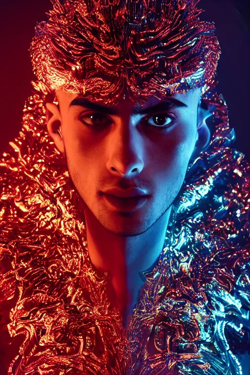 Image similar to hyper detailed ultra sharp portrait of baroque and bladerunner delicate neon ruby sculpture of seductive albino zayn malik tigers orange radioactive humanoid deity wearing metallic hoody made out of leaves holding the sun prismatic dungeon, glowing rainbow face, crown of white diamonds, cinematic lighting, photorealistic, octane render 8 k depth of field 3 d
