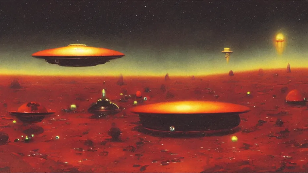 Prompt: flying saucer invaders by paul lehr and john schoenherr, cinematic matte painting