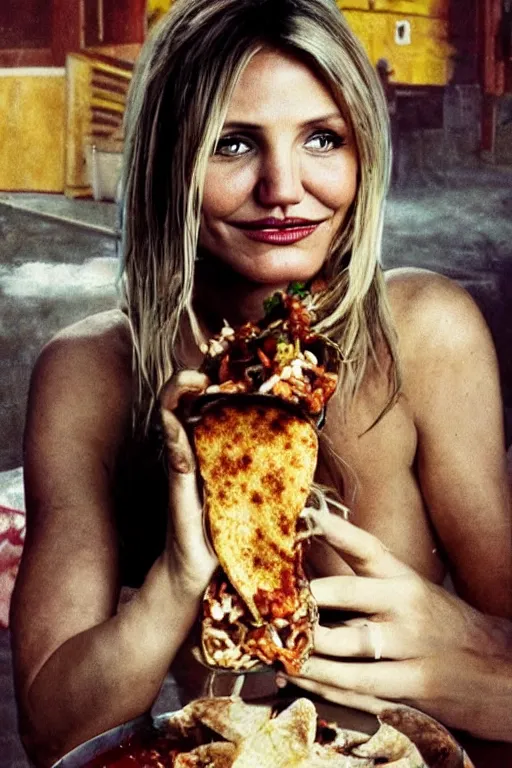Image similar to portrait of cameron diaz eating a burrito in a post apocalyptic place, hyperealistic by dali