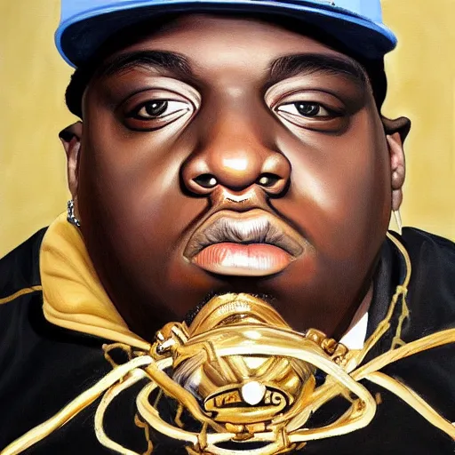 Image similar to a hyper realistic painting of biggie smalls, art by basquiat, intricate, ultra detailed, photorealistic, black and gold colors, dark background trending on artstation