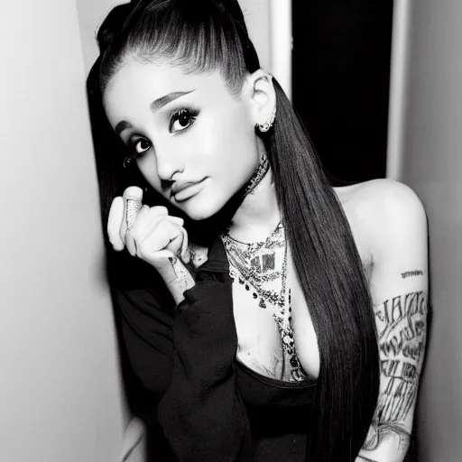 Image similar to ariana grande recursive photo beautiful ariana grande photo bw photography 130mm lens. ariana grande backstage photograph posing for magazine cover. award winning promotional photo. !!!!!COVERED IN TATTOOS!!!!! TATTED ARIANA GRANDE NECK TATTOOS. Zoomed out full body photography.