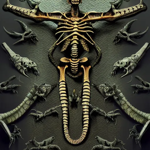 Prompt: a matte oil painting of a skeleton that is made out of lizard scales, dnd art, reptile skin, serpent, bones, 4 k image clear, crisp, sharp