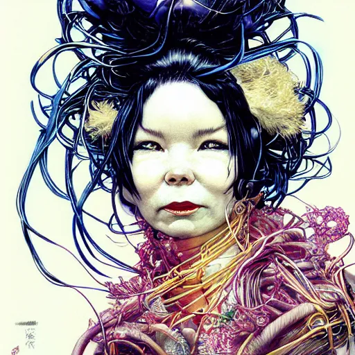 Prompt: portrait of crazy screaming beautiful singer bjork, big ribbon, ymmetrical, by yoichi hatakenaka, masamune shirow, josan gonzales and dan mumford, ayami kojima, takato yamamoto, barclay shaw, karol bak, yukito kishiro