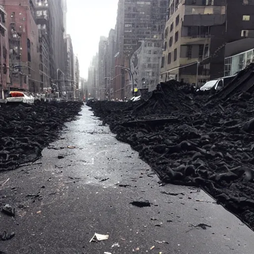 Image similar to apocalyptic new york, buildings covered in black tar, black gooey tar on buildings, black goo everywhere