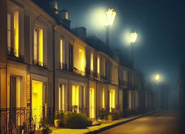 Image similar to small suburban houses in Paris at night inspired by Edward Hopper, Photographic stills, photography, fantasy, moody lighting, dark mood, imagination, cinematic