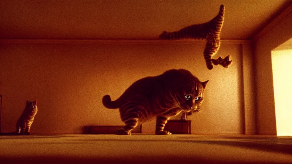 Image similar to a strange Garfield crawls on the living room ceiling, film still from the movie directed by Wes Anderson with art direction by Zdzisław Beksiński, wide lens