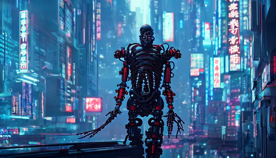 Image similar to movie still, an biomechanical cyborg samurai in night city, cyberpunk horror style, cyberpunk, detailed and intricate environment, octane render, unreal engine, 4 k