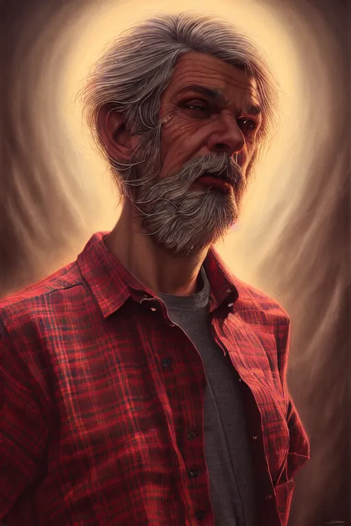 Image similar to a man wear plaid red shirt + long grey hair is the man who know everything in the universe by karol bak, james jean, tom bagshaw, rococo, sharp focus, trending on artstation, cinematic lighting, hyper realism, octane render, 8 k, hyper detailed, vivid, ultra detailed, highly detailed