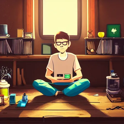 Image similar to a skinny computer nerd guy sitting on the floor of his room, crossed legs, laptop, smartphone, video games, tv, books, potions, jars, shelves, knick knacks, tranquil, calm, sparkles in the air, magic aesthetic, fantasy aesthetic, faded effect, illustration, digital illustration, detailed, highly detailed, 4K