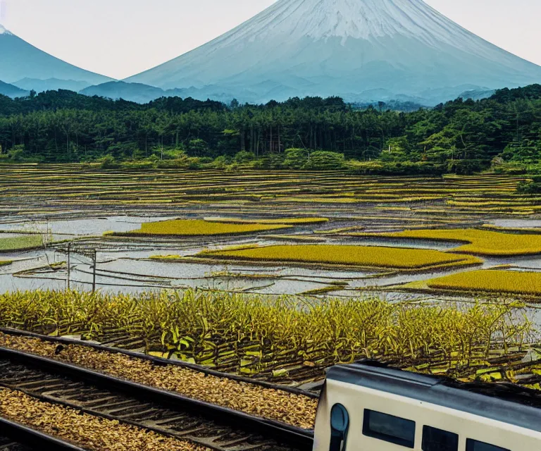 Prompt: a photo of mount fuji, japanese landscape, rice paddies, seen from a window of a train.