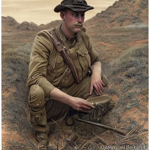 Image similar to a detailed photorealistic sepia - toned color portrait painting of a 1 9 1 7 worried clean - shaven british lieutenant in field gear in north arabia examining an ancient cylindrical clay jar, ultra realistic, intricate details, atmospheric, dark, horror, brooding, highly detailed, by clyde caldwell