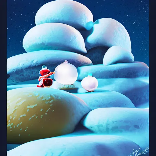 Image similar to a portrait of a mochi snowball - happily eating cannabis cookies with friends, friendly characters snowboarding in a gelatinous environment 3 d rendered in octane, by eyvind earle artgerm