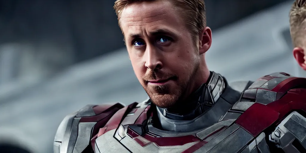 Image similar to Ryan Gosling as War Machine in 'Avengers: Endgame' (2019), movie still frame, oscar nominated cinematography, volumetric lighting, 8k resolution, beautiful composition