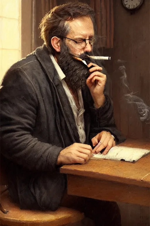 Image similar to portrait of a middle - aged writer with a beard, he is smoking a cigarette, style of greg rutkowski