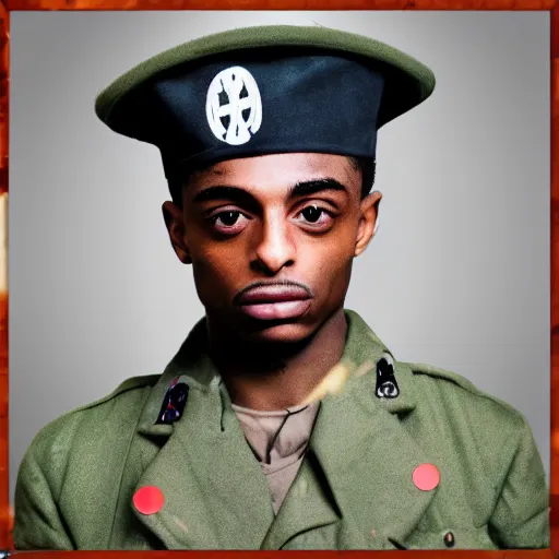 Image similar to playboi carti as a german world war ii soldier captured on a old camera 4 k detailed super realistic