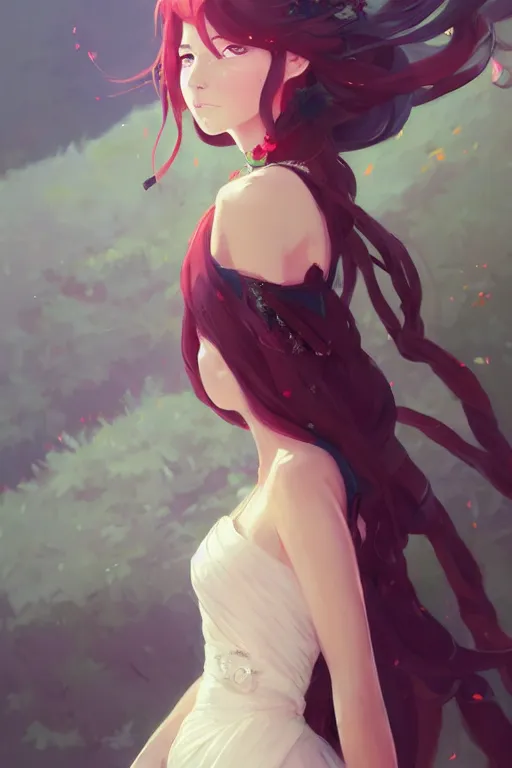 Prompt: portrait girl in luxurious wedding dress holding a cermonial sword, long curvy hair, colourful, pretty face, cute face, intimidating expression, red eyes, anime by greg rutkowski rossdraws makoto shinkai, adobe illustrator, trending on pixiv, behance