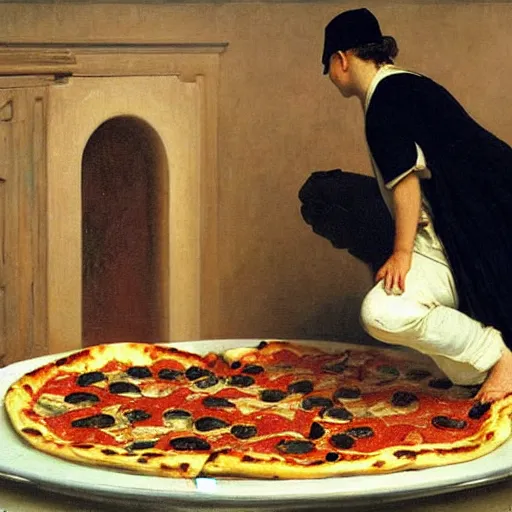 Image similar to pizza coming out of oven to shame mankind, 1 8 9 6 painting by jean - leon gerome, oil on canvas