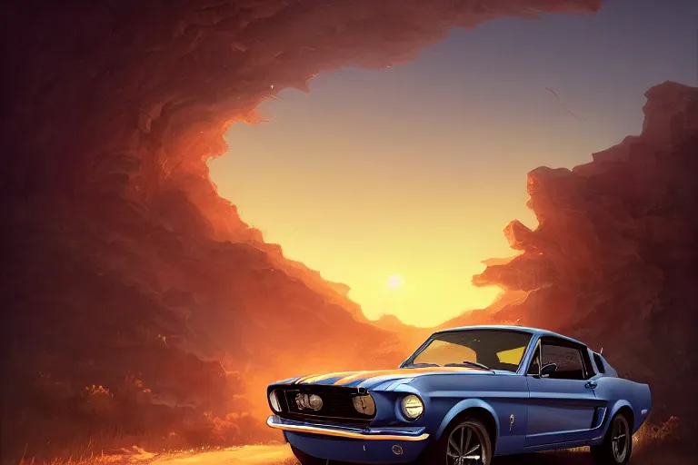 Prompt: a 1 9 6 8 mustang driving down a country road, coriolios rpg art style, full of details, warm sunset colors, matte painting, artstation, 8 k, hyperrealistic, style of peter mohrbacher, album cover, extreme long shot