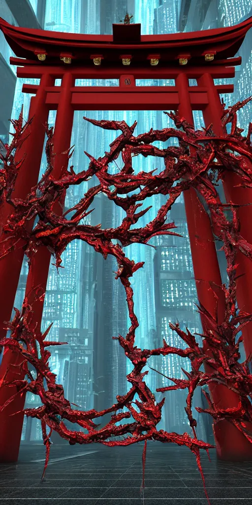 Prompt: 3 d photographic render of a torii gate sculpture, fractal chrometype, made of liquid metal, neotribal with thorns and thunders, cyberpunk japanese temple, raytraced, hyper realistic, volumetric lightning, 8 k, by zhelong xu, ouchh and and innate studio