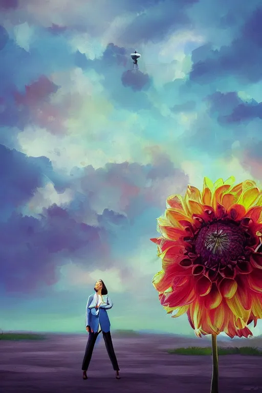 Image similar to closeup giant dahlia flower head, girl in a suit, street, surreal photography, blue sky, sunrise, dramatic light, impressionist painting, digital painting, artstation, simon stalenhag